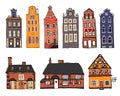 Vintage stone Europe houses. Set of old style town and village building facades. Hand drawn outline vector sketch illustration